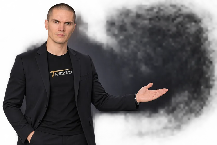 Yevheny Pianykh gesturing towards the list of TREZVO services