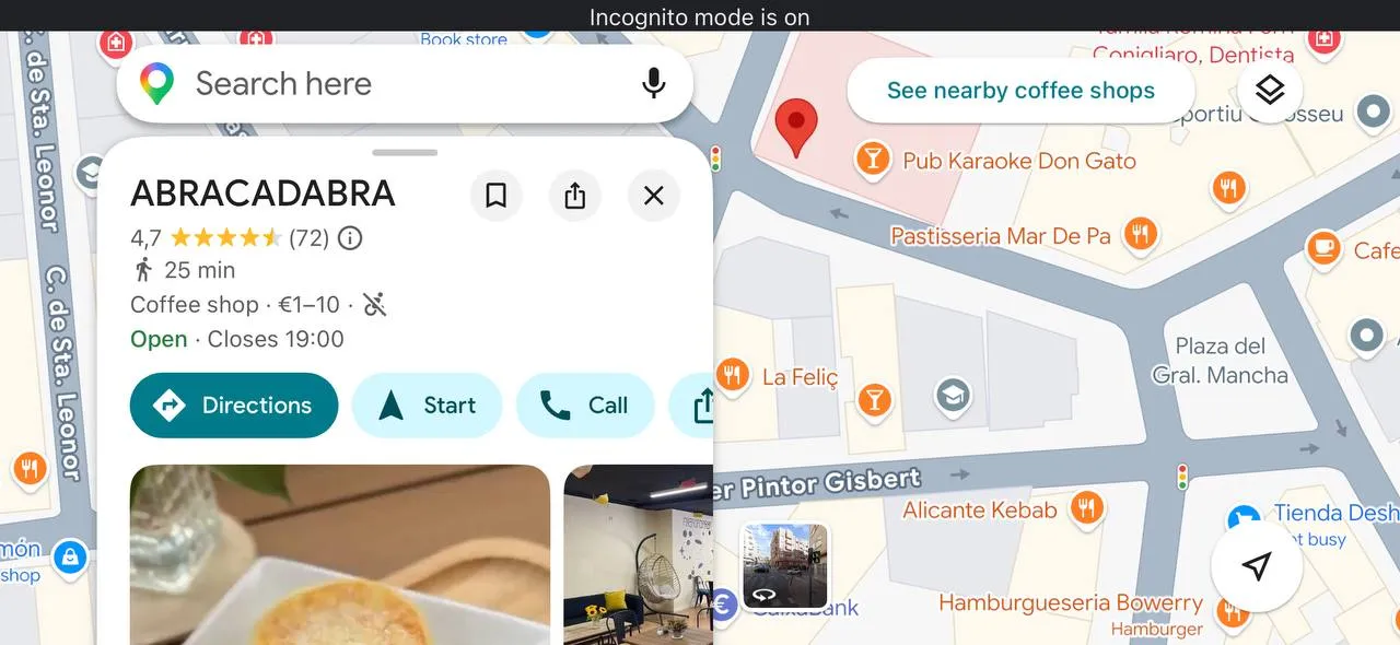 The cafe’s public Google Maps profile card showing its rating, opening hours, photos and the Directions, Start and Call buttons
