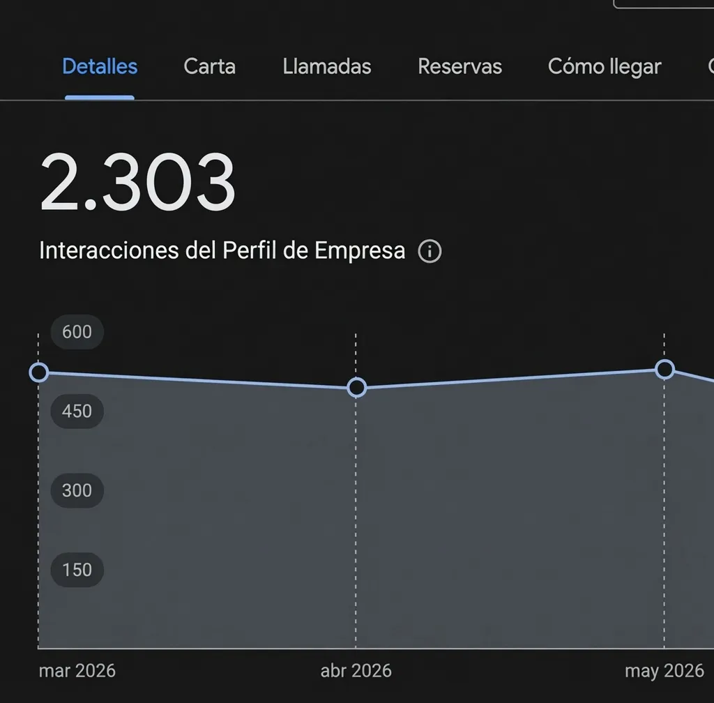 Google Business Profile performance screen showing 2,303 Business Profile interactions between March and May 2026