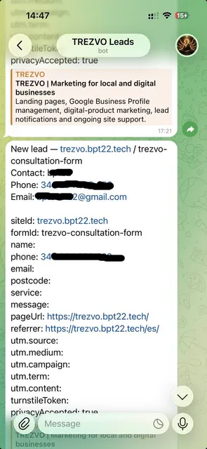 A real lead arriving in the TREZVO Leads Telegram bot, contact details redacted